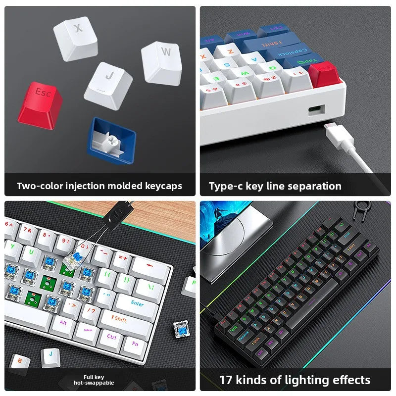 T-WOLF T60 Mechanical Laptop Keyboard RGB Gaming 61-Key Split-Color Arabic/Russian Layout Mini with USB Blue Switches