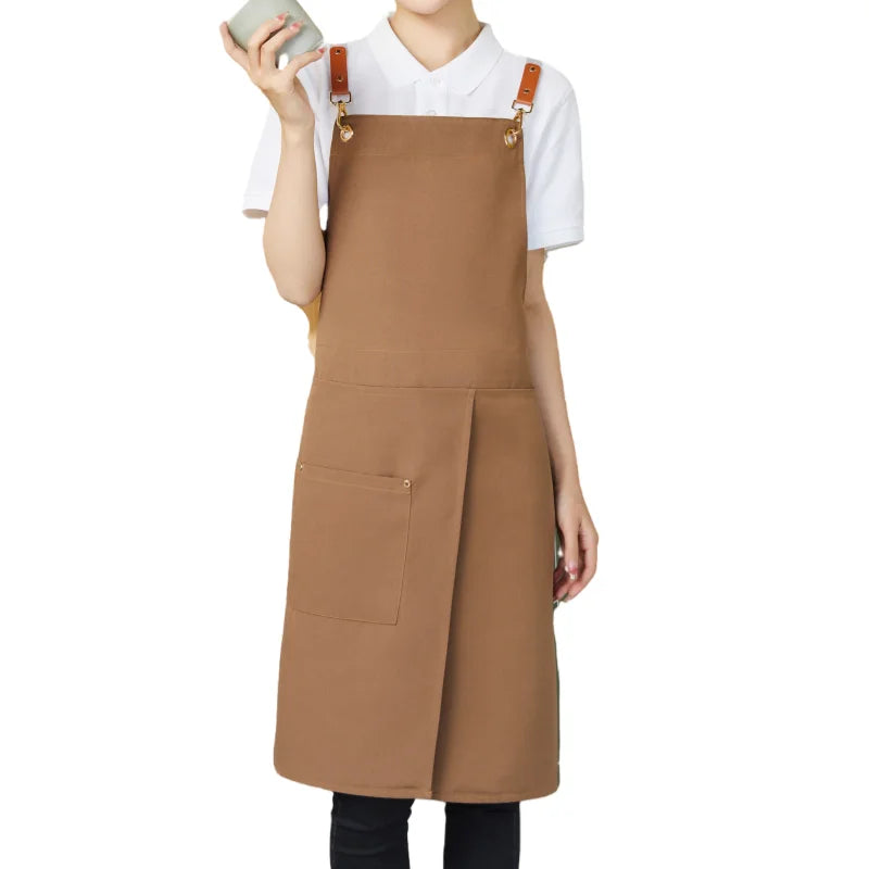 1 piece of waterproof canvas apron with pockets - split skirt design, convenient for walking, very suitable for restaurants, caf