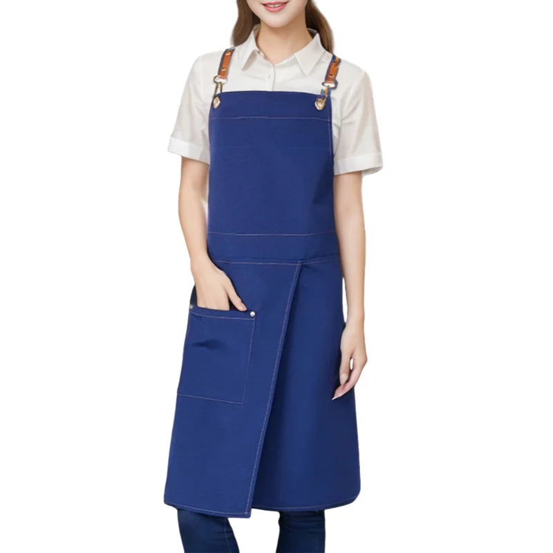 1 piece of waterproof canvas apron with pockets - split skirt design, convenient for walking, very suitable for restaurants, caf
