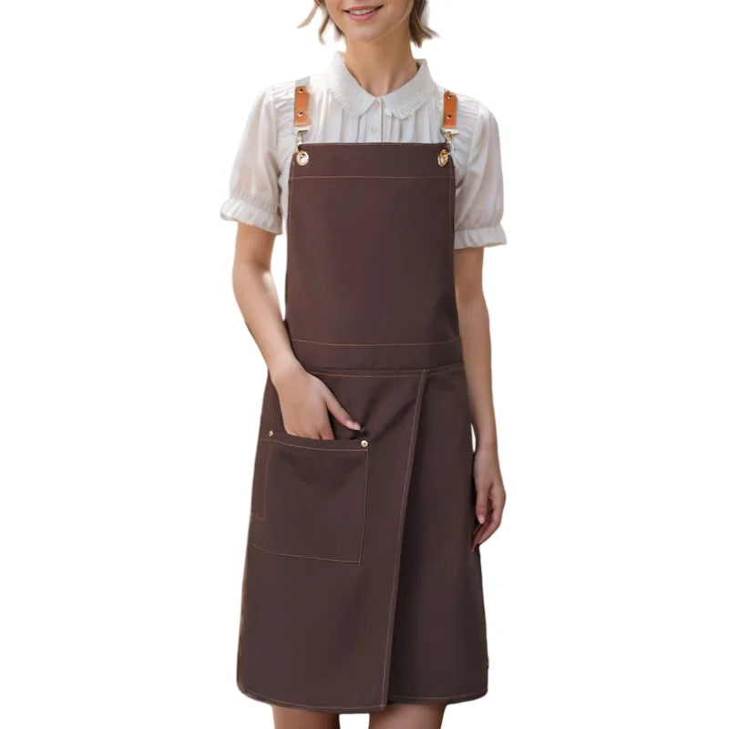 1 piece of waterproof canvas apron with pockets - split skirt design, convenient for walking, very suitable for restaurants, caf