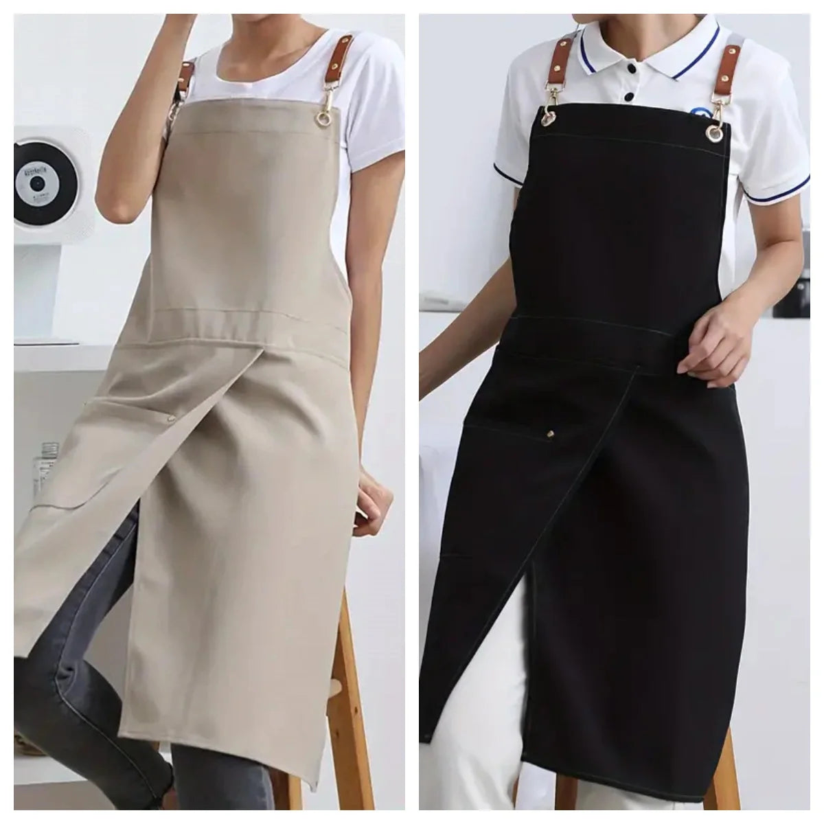 1 piece of waterproof canvas apron with pockets - split skirt design, convenient for walking, very suitable for restaurants, caf