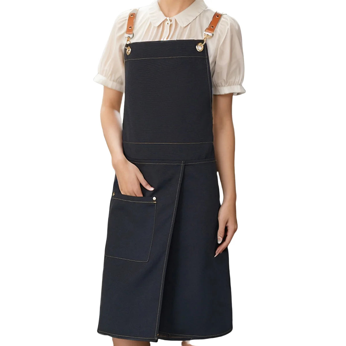 1 piece of waterproof canvas apron with pockets - split skirt design, convenient for walking, very suitable for restaurants, caf