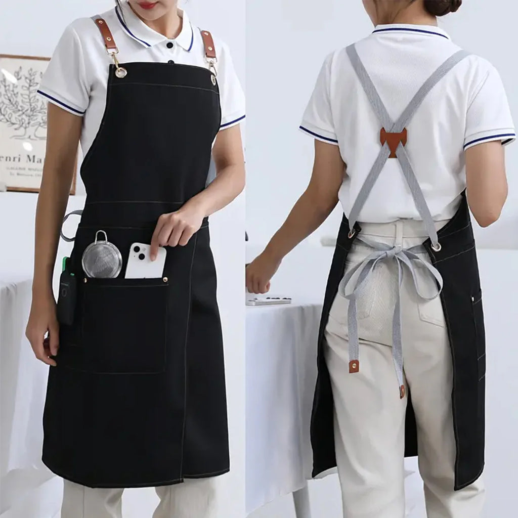 1 piece of waterproof canvas apron with pockets - split skirt design, convenient for walking, very suitable for restaurants, caf